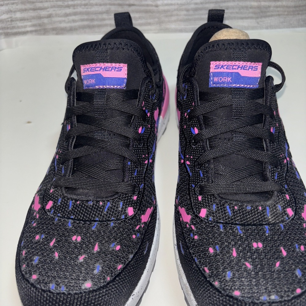 Women 7.5 Skechers Comp Toe Black‎ Purple Splatter Paint Work Shoe Memory Foam - Picture 4 of 10